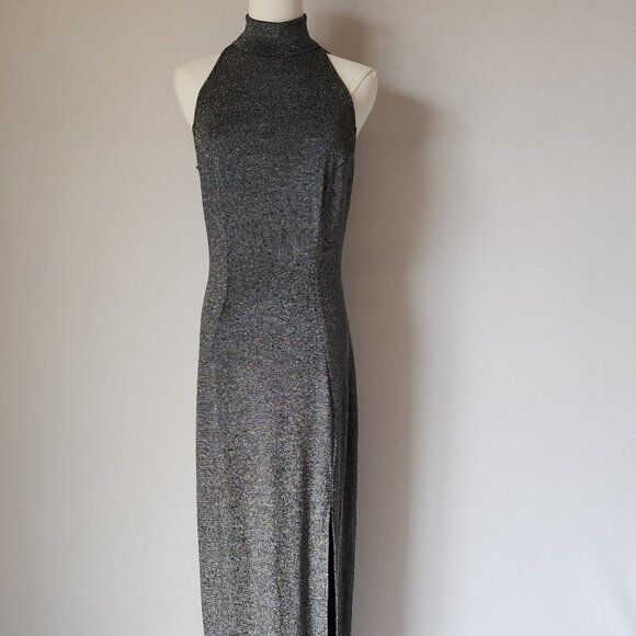 Vintage Tadashi Black Silver Metallic Sparkle Party Evening Maxi Dress Halter